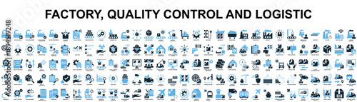 Set of factory quality control and logistics icon vector for industrial themes. Symbolizes manufacturing inspection, shipping, and supply chains.