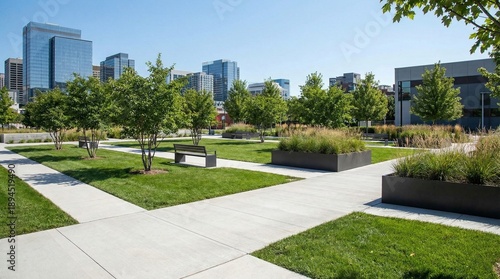 Foto Modern urban park with lush greenery and city skyline