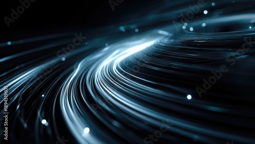 Flowing, luminescent abstract curves with blurred light particles against a dark background