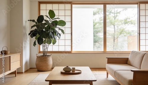 Japandi style living room interior, warm beige tones, low furniture, indoor plant, calm atmosphere, clean walls, realistic lighting, modern interior design.