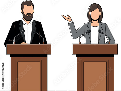 Professional Man and Woman Giving Speeches at Podiums During a Formal Press Conference or Public Presentation Vector Illustration.
