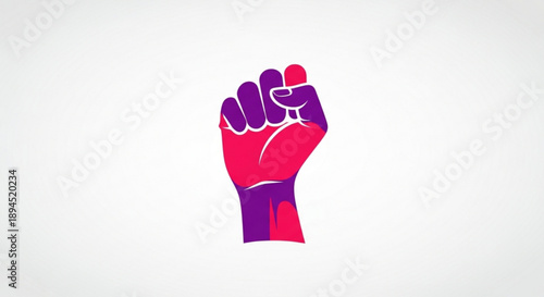 Raised fist symbolizing unity and strength in purple and pink tones on white background