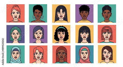 Diverse group of people with different ethnicities and hairstyles in colorful backgrounds