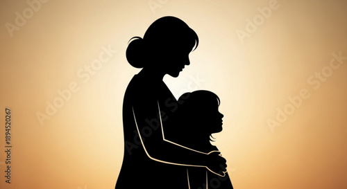 Mother and child silhouette at sunset warm orange background loving embrace family bond tender moment