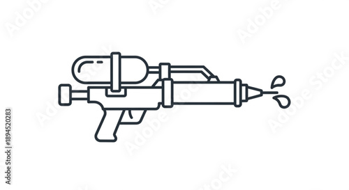 Detailed line art of a water gun with droplets spraying from the nozzle on a plain white background