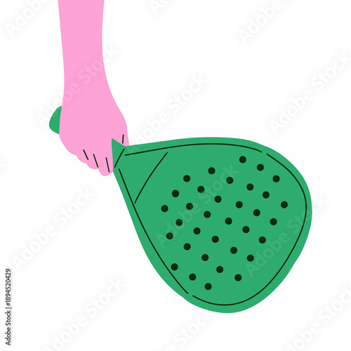 illustration of a green padel or tennis racket held by a hand with wristband. Suitable for sports themes, padel tennis, fitness activities, training concepts, racket sports promotions,mobile apps, web