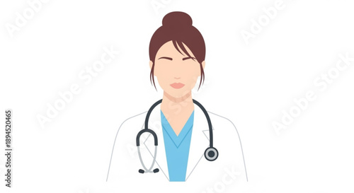 Female doctor with stethoscope and white coat standing confidently in medical setting with brown hair