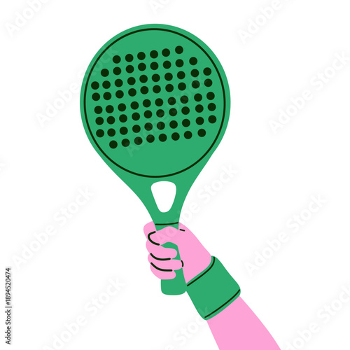 illustration of a green padel or tennis racket held by a hand with wristband. Suitable for sports themes, padel tennis, fitness activities, training concepts, racket sports promotions,mobile apps, web