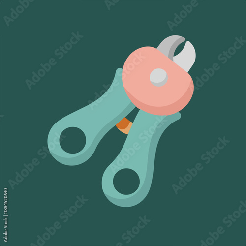 A flat vector illustration of pet nail clippers featuring teal handles, a pink circular pivot, and grey blades on a dark teal background.