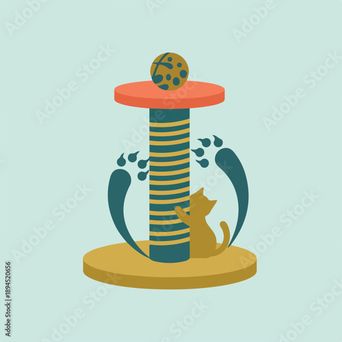 A stylized vector illustration of a playful cat with its scratching post, featuring a ball toy and floating paw prints.