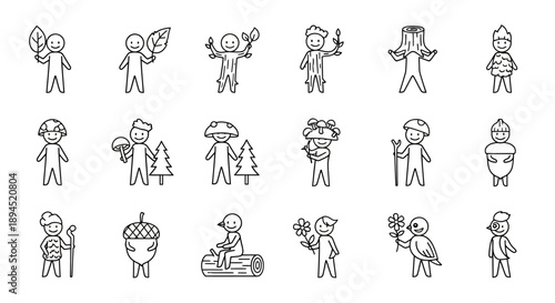 Collection of whimsical nature spirit characters in simple line art style.