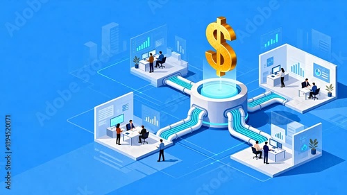 Office workers connected to dollar symbol