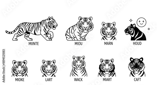 Collection of Tiger Illustrations in Various Poses and Expressions.