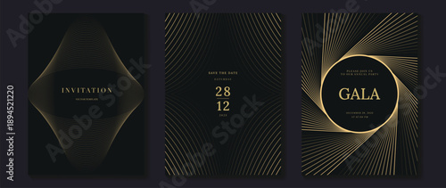 Luxury black and gold invitation vector set with geometric art deco patterns, line ornaments and sunburst frames. Elegant design for wedding, gala, party and event stationery.