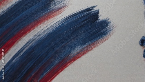 Abstract painting with diagonal brushstrokes of red and navy blue on light gray background