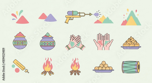 Holi festival icons with colorful powder water guns sweets and fire symbolizing joy and celebration