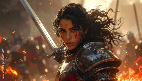 A female warrior with a sword amidst flames and armor