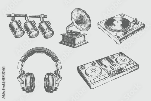 vintage halftone  DJ party element set vector illustration. Trendy retro element with a halftone effect for collage, poster, banner, cover design. Headphone, Mixer Controller, Turntable, Sound System