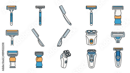 Professional collection of various shaving equipment icons featuring manual razors, electric shavers, and straight razors.