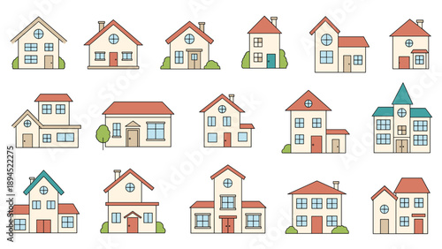 Wide variety of residential house illustrations showing different architectural styles, colors, and sizes on plain background.
