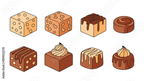 Assorted chocolate brownie desserts and small cakes featuring various toppings like nuts, drizzled chocolate, and cream.