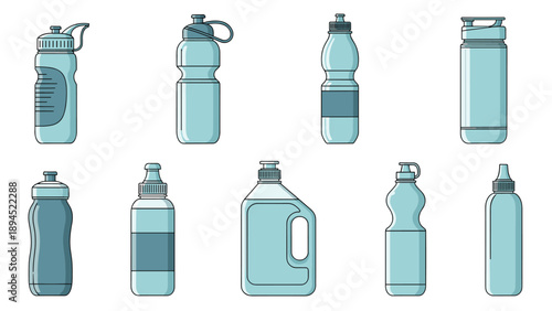 Collection of reusable plastic and metal water bottles in different shapes and sizes for sports and hydration.