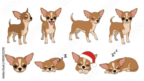 Adorable chihuahua puppy character shown in multiple cute poses and expressions including sleeping with a red Santa hat.