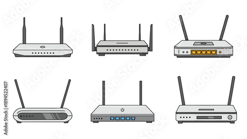 Collection of various modern internet router and modem hardware models with antennas for wireless connectivity.