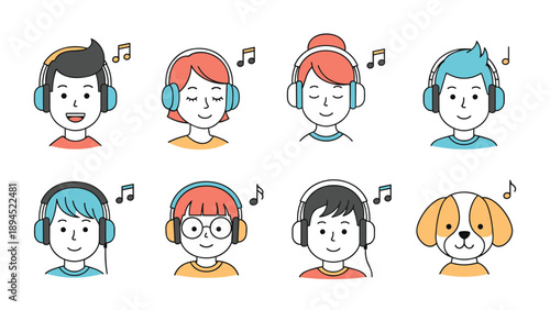 Diverse group of people and a cute dog wearing headphones while enjoying music shown with colorful musical notes.