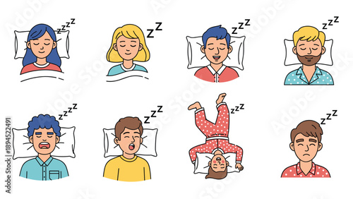Collection of diverse people sleeping peacefully in pajamas on pillows showing various resting poses and expressions.