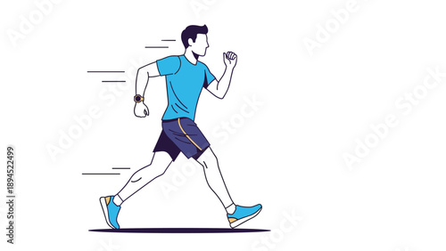 Athletic man in blue shirt and shorts running or power walking with motion lines indicating speed and activity.