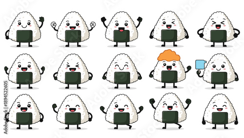 Collection of adorable onigiri rice ball characters with various cute facial expressions and playful body poses.