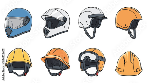 Collection of safety helmets featuring full-face motorcycle gear, open-face scooter helmets, and construction hard hats.