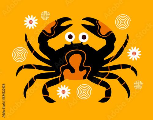 black crab with orange details on yellow background with white swirl flowers