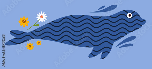 blue seal swimming in blue water with small yellow and white flowers