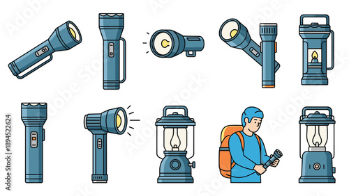 Collection of outdoor lighting equipment including various flashlights, camping lanterns, and a hiker with a backpack.