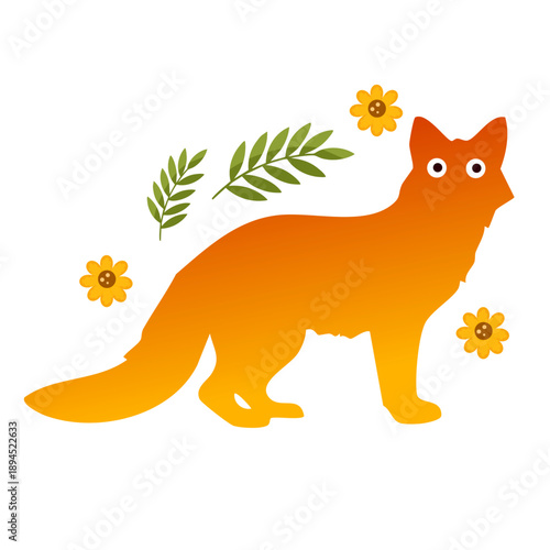 orange fox walking calmly through green leaves and small orange floral shapes
