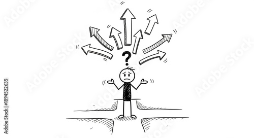 Confused person standing at a crossroads with many arrows pointing in different directions.