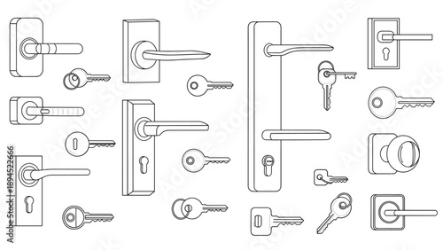 Black and white line art illustrations of various door handle designs, keyholes, and assorted house keys.