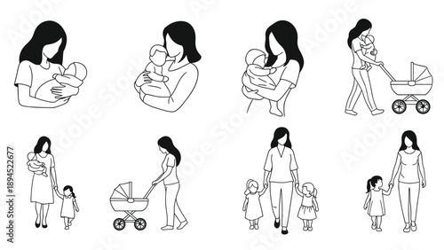 Line art illustrations of mothers caring for babies and young children including walking together and using a stroller.
