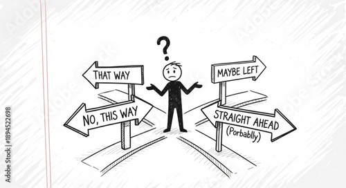 Confused person standing at a crossroads with multiple direction signs.