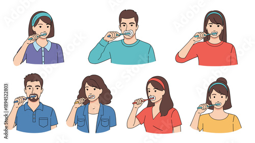 Diverse men and women demonstrating proper oral hygiene by carefully brushing their teeth with colorful toothbrushes.