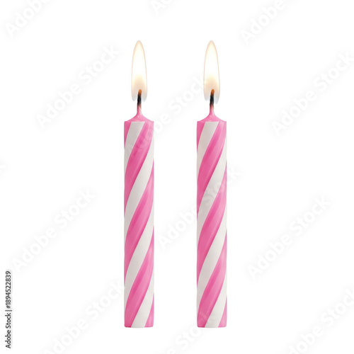 Two lit pink and white candles isolated on transparent background