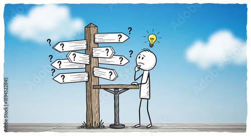 Confused stick figure contemplating a crossroads signpost with multiple directions.