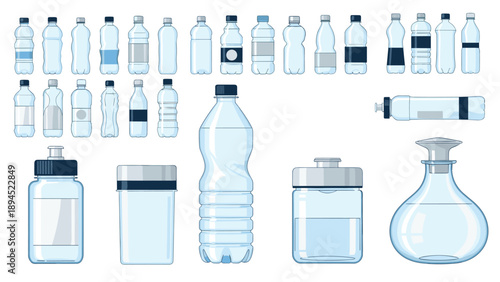 Extensive variety of plastic water bottles showing different shapes, volumes, and blue label designs on white background.