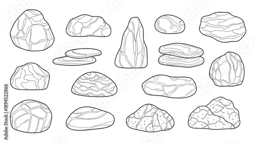 Set of hand-drawn sketches of different types of rocks and smooth river stones for garden landscaping or nature design.