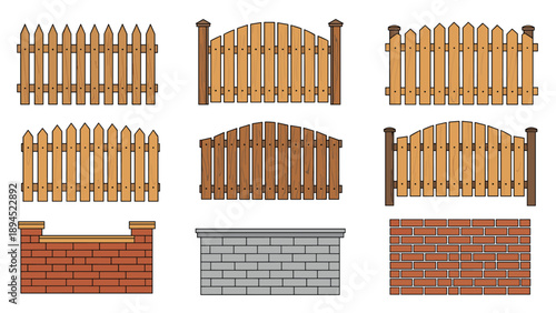 Various designs of residential fences and walls including wooden picket, arched wood panels, and different brickwork patterns.