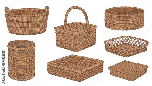 Collection of different types of hand-woven wicker baskets for home storage and organization isolated on white background.
