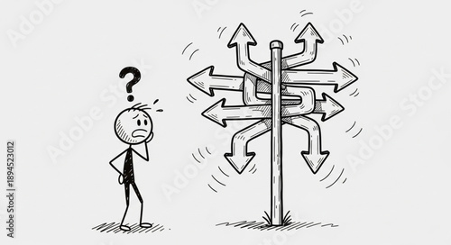 Confused stick figure stands next to a chaotic signpost with many arrows pointing in different directions.