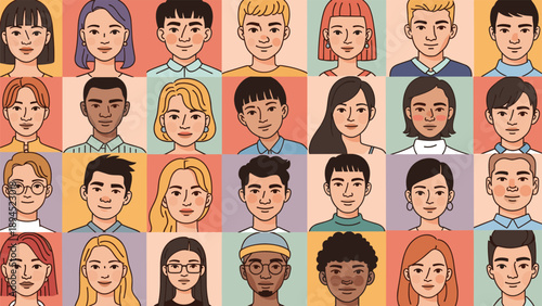 Diverse collection of human face portraits and avatars representing different ethnicities, ages, and genders in a colorful grid.